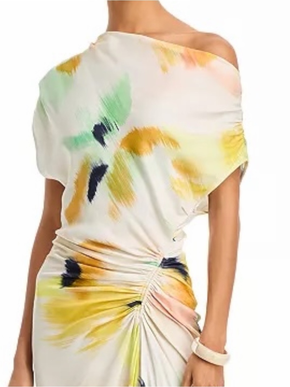A.L.C. Penny Women’s Yellow Floral Satin Ruched Off-Shoulder Cocktail Maxi Dress - Picture 6 of 13